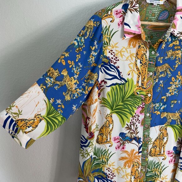 Rose + Olive Womens Plus 1X Tropical Leopard Animal Print Button Up Shirt Blouse - Picture 9 of 12